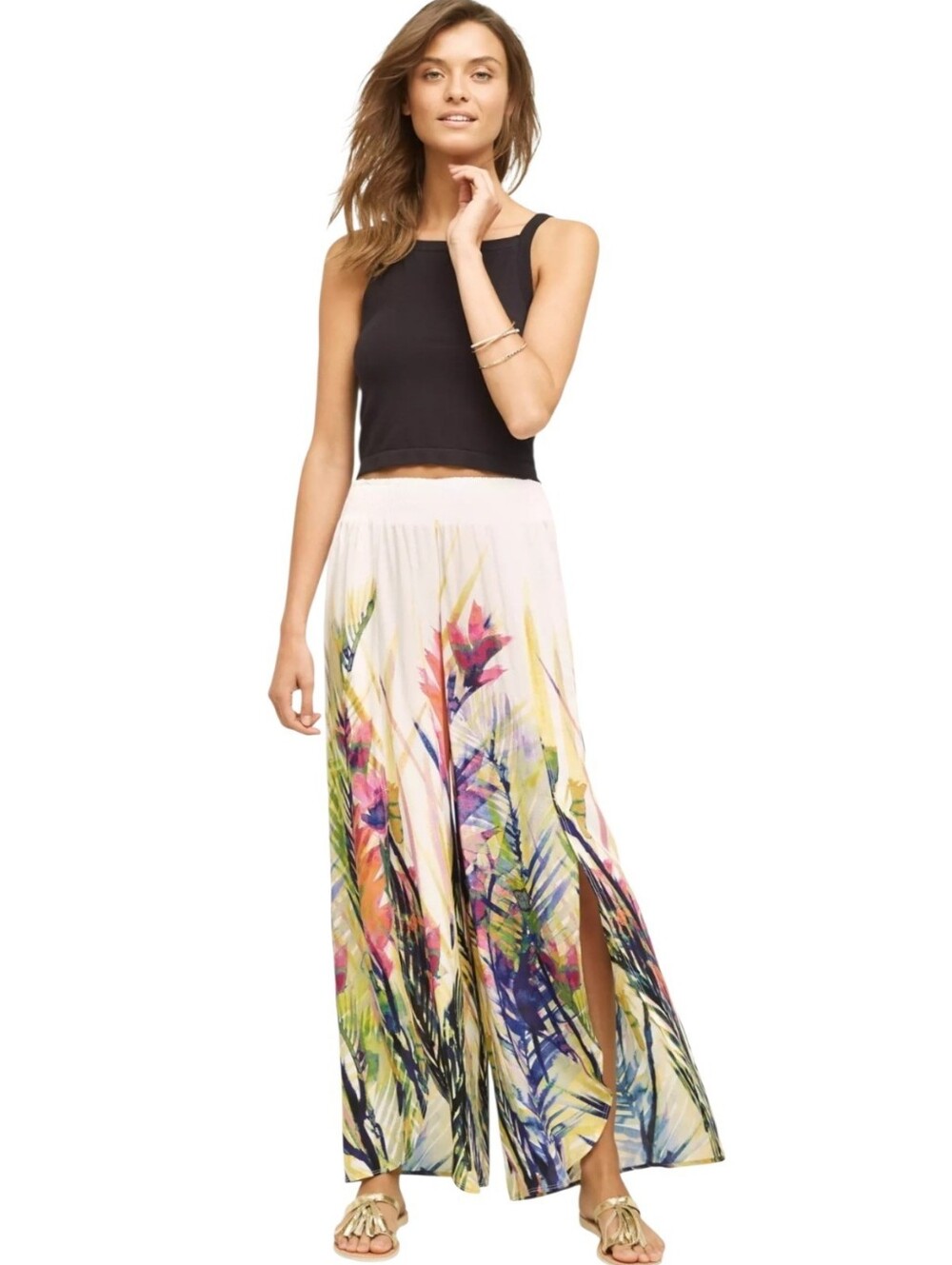 Anthropologie Bright Watercolor Smocked Wide Leg Pants Size Medium
